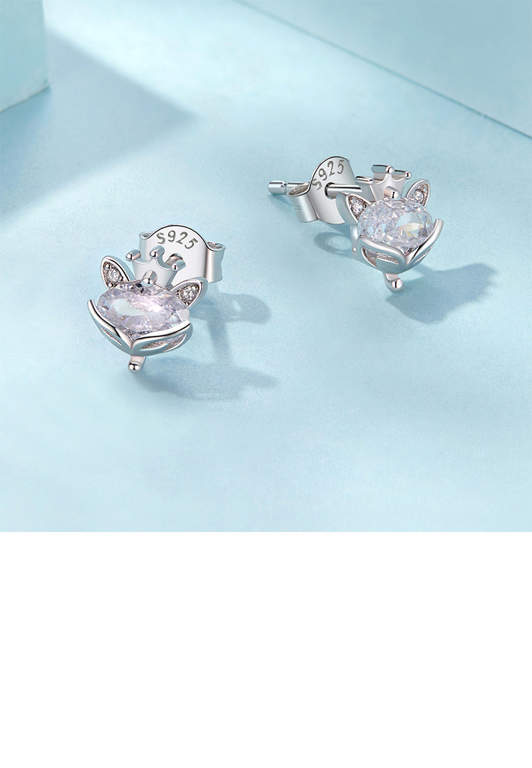 925 Sterling Silver Simple Cute Crown Fox Stud Earrings with Cubic Zirconia - Luxurious Look