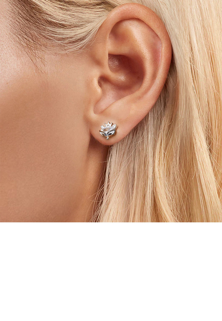 925 Sterling Silver Simple Cute Crown Fox Stud Earrings with Cubic Zirconia - Luxurious Look