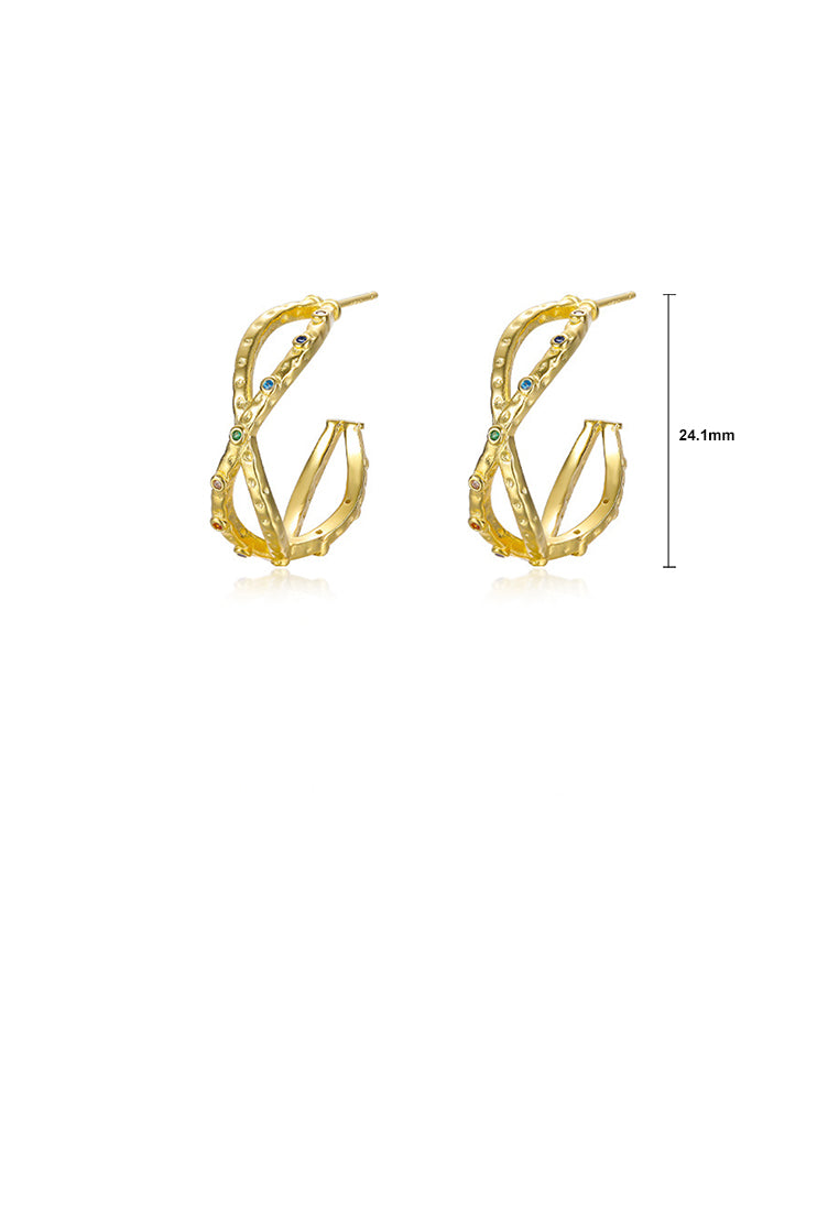 925 Sterling Silver Plated Gold Simple Personality Irregular Cross C-shaped Geometric Stud Earrings with Cubic Zirconia - Luxurious Look