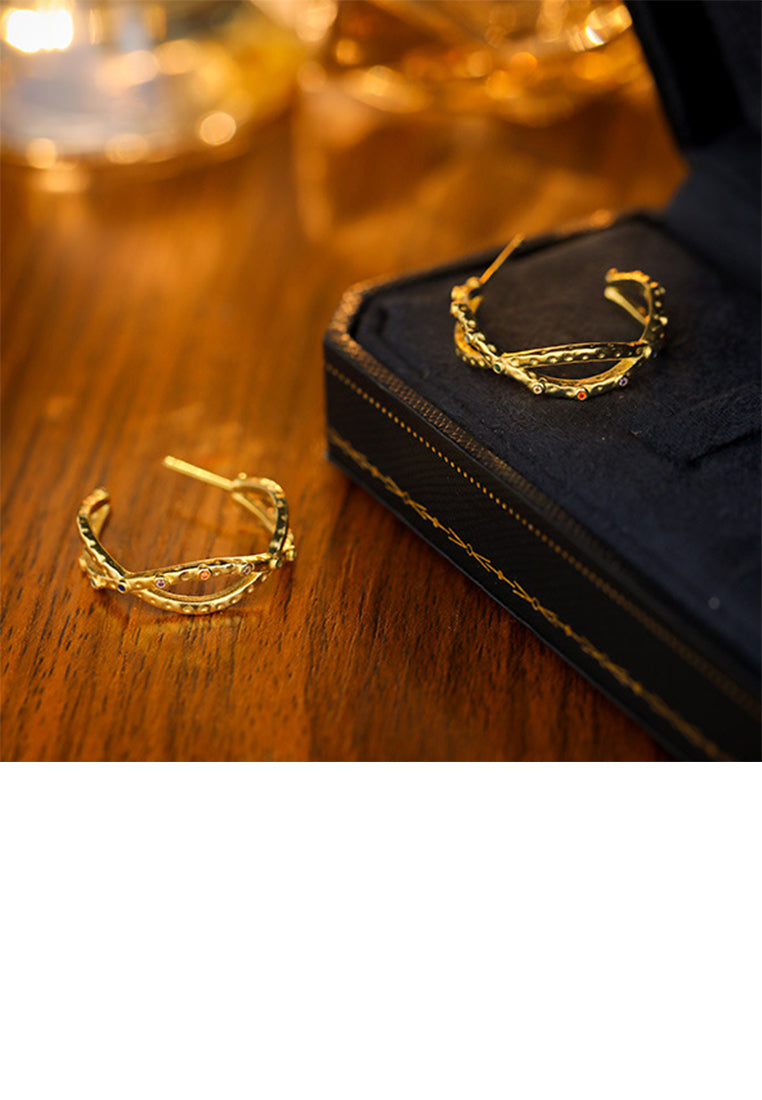 925 Sterling Silver Plated Gold Simple Personality Irregular Cross C-shaped Geometric Stud Earrings with Cubic Zirconia - Luxurious Look