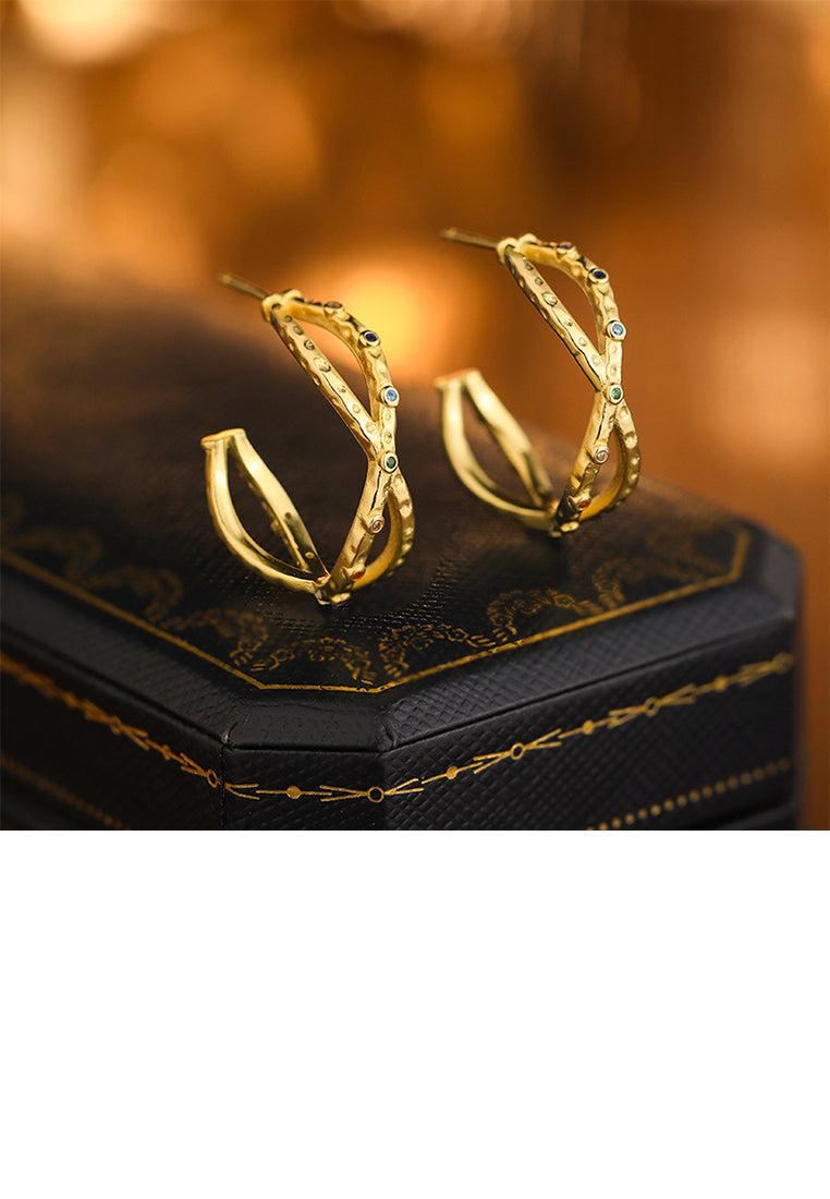 925 Sterling Silver Plated Gold Simple Personality Irregular Cross C-shaped Geometric Stud Earrings with Cubic Zirconia - Luxurious Look