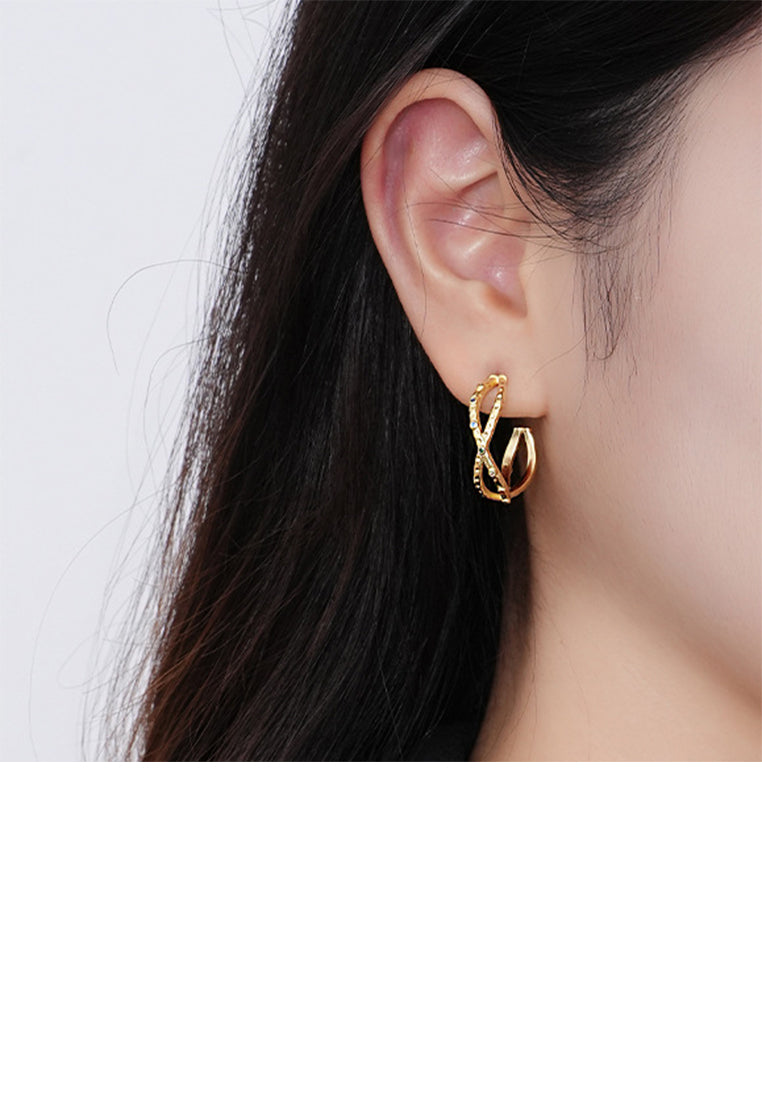 925 Sterling Silver Plated Gold Simple Personality Irregular Cross C-shaped Geometric Stud Earrings with Cubic Zirconia - Luxurious Look