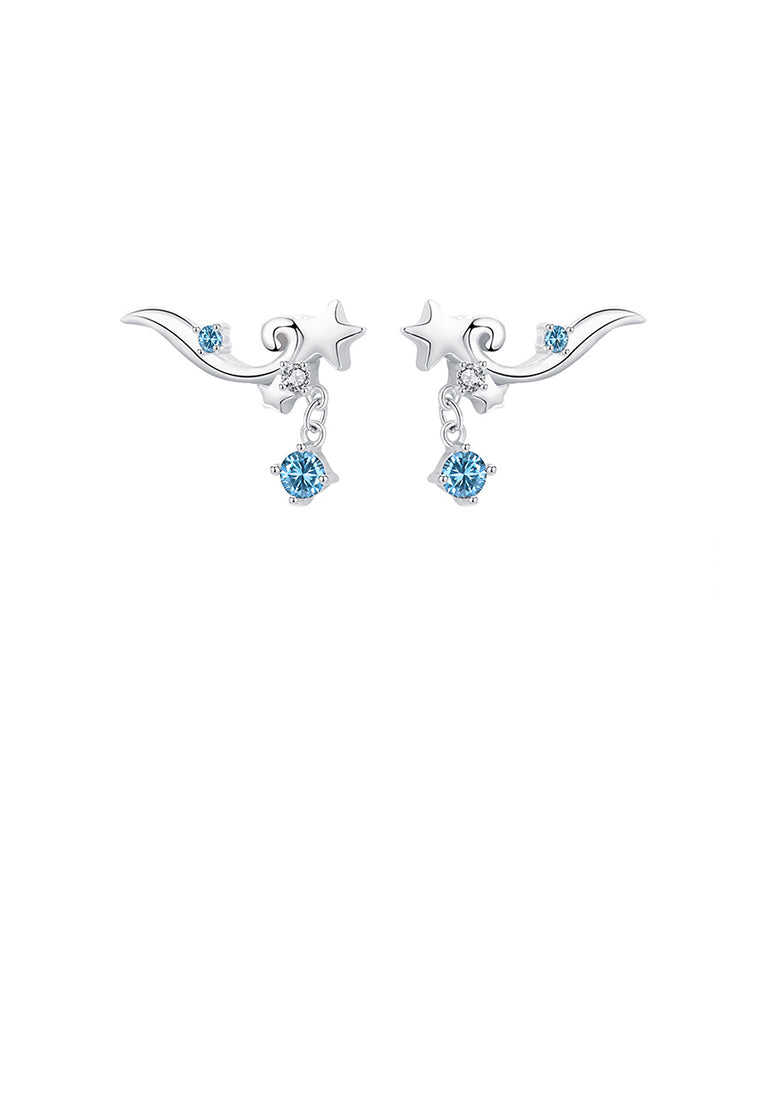 925 Sterling Silver Fashion Simple Star Line Stud Earrings with Blue Cubic Zirconia - Luxurious Look