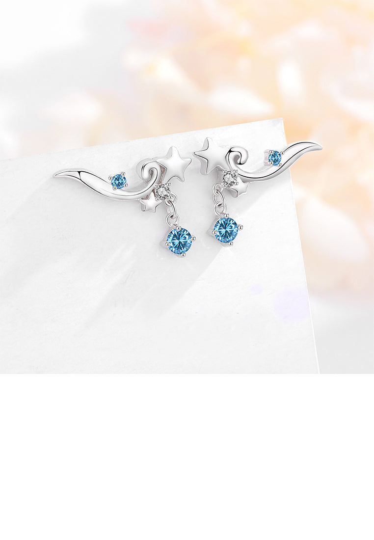 925 Sterling Silver Fashion Simple Star Line Stud Earrings with Blue Cubic Zirconia - Luxurious Look