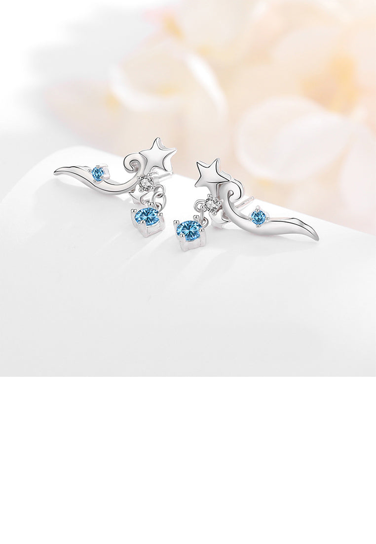925 Sterling Silver Fashion Simple Star Line Stud Earrings with Blue Cubic Zirconia - Luxurious Look