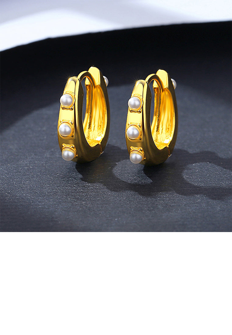 925 Sterling Silver Plated Gold Simple Elegant Geometric Freshwater Pearl Earrings - Luxurious Look