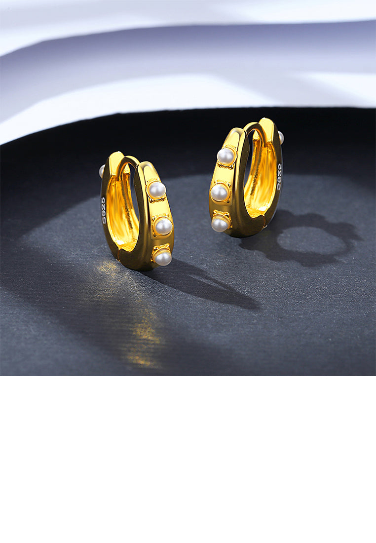 925 Sterling Silver Plated Gold Simple Elegant Geometric Freshwater Pearl Earrings - Luxurious Look