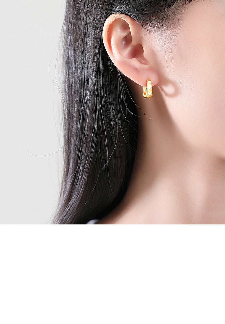 925 Sterling Silver Plated Gold Simple Elegant Geometric Freshwater Pearl Earrings - Luxurious Look