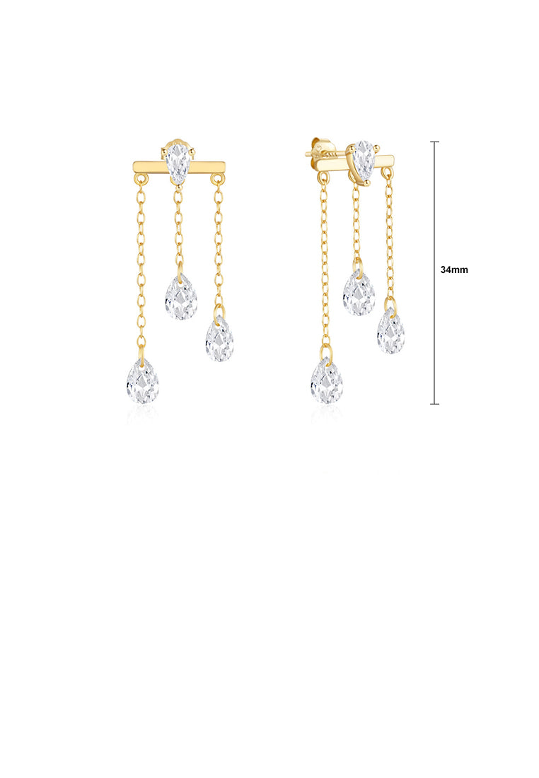 925 Sterling Silver Plated Gold Simple Fashion Water Drop Tassel Earrings with Cubic Zirconia - Luxurious Look