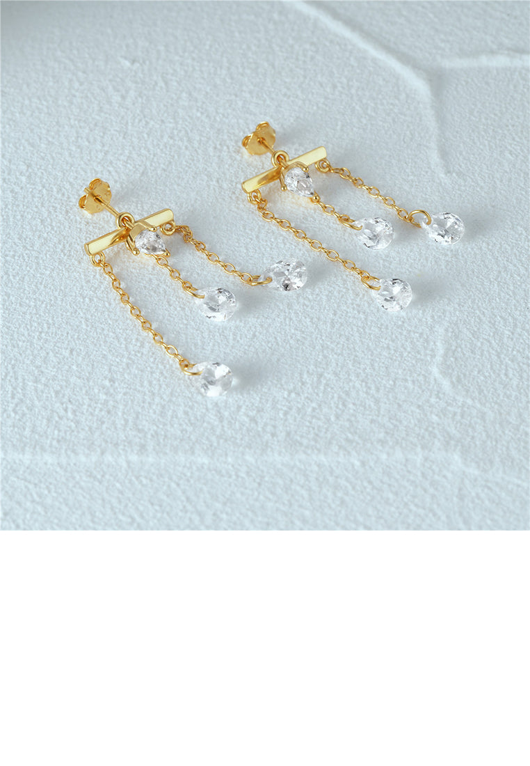 925 Sterling Silver Plated Gold Simple Fashion Water Drop Tassel Earrings with Cubic Zirconia - Luxurious Look