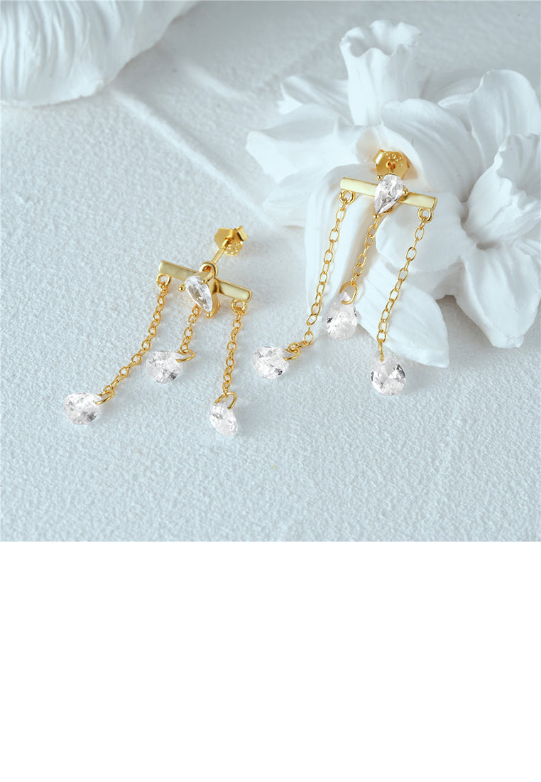 925 Sterling Silver Plated Gold Simple Fashion Water Drop Tassel Earrings with Cubic Zirconia - Luxurious Look