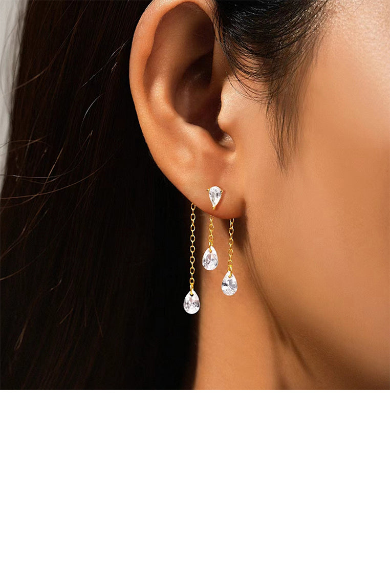 925 Sterling Silver Plated Gold Simple Fashion Water Drop Tassel Earrings with Cubic Zirconia - Luxurious Look