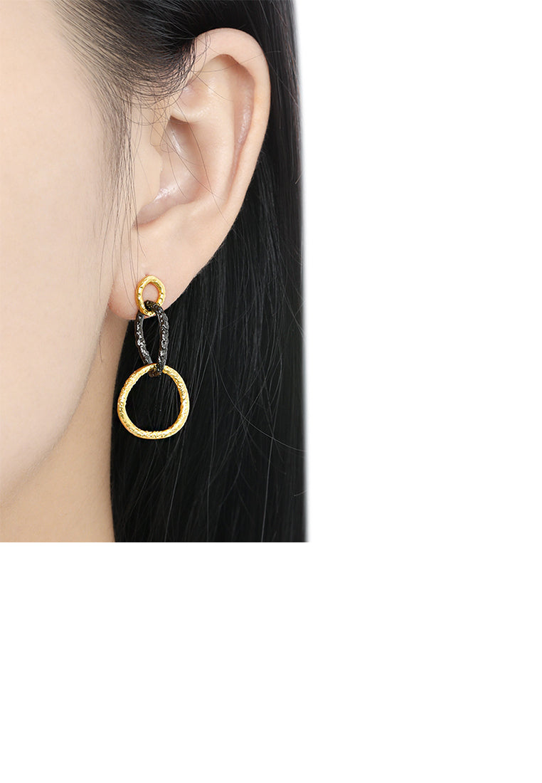 925 Sterling Silver Plated Gold Black Two-tone Geometric Hoop Earrings