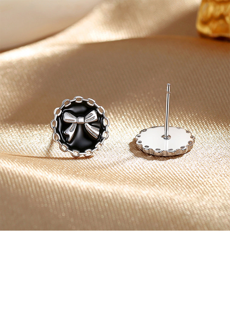 925 Sterling Silver Simple Sweet Ribbon Enamel Geometric Round Stud Earrings