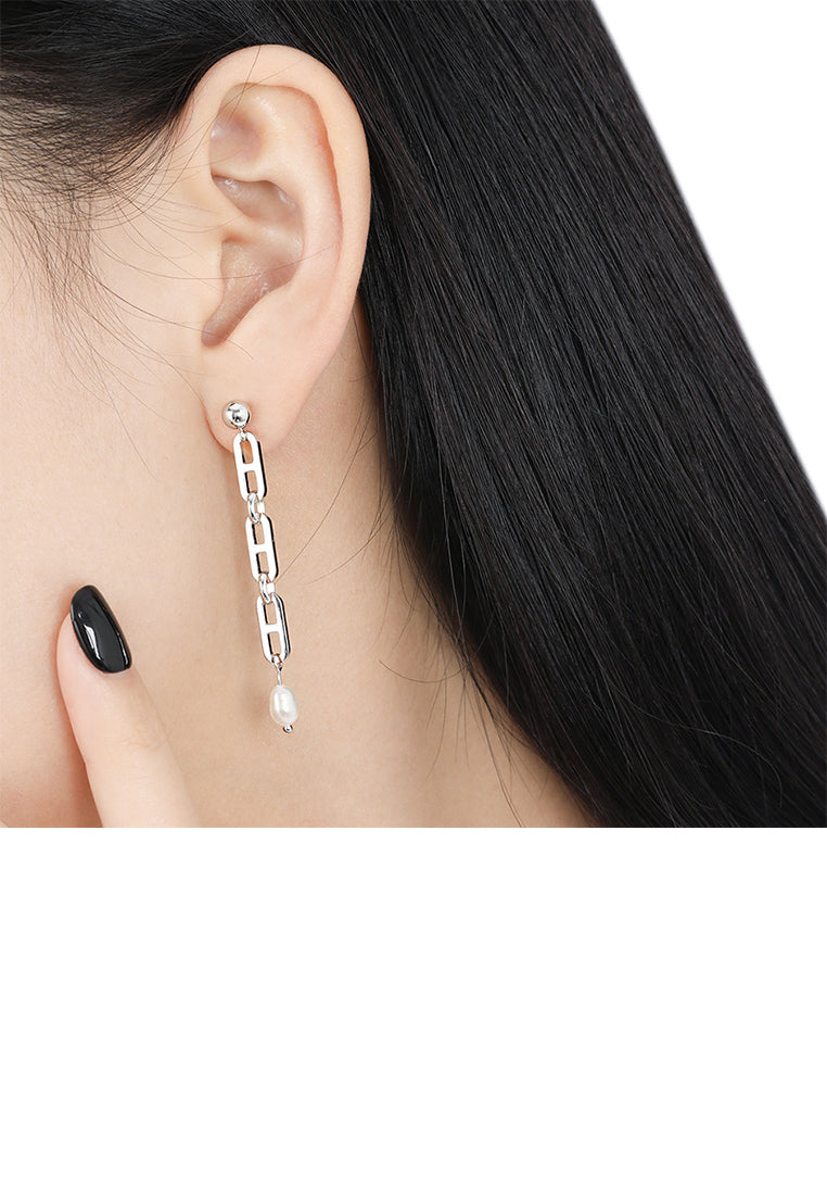 925 Sterling Silver Simple Fashion Chain Tassel Freshwater Pearl Earrings - Luxurious Look