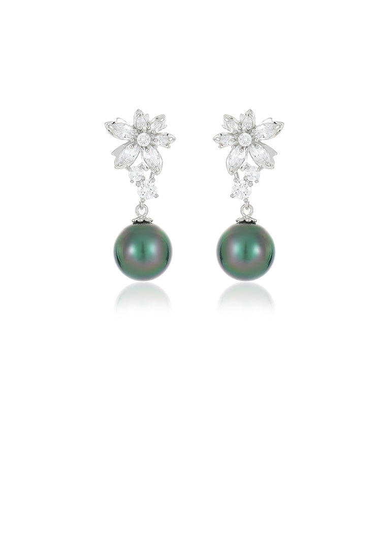 Fashion and Elegant Floral Green Imitation Pearl Earrings with Cubic Zirconia - Luxurious Look