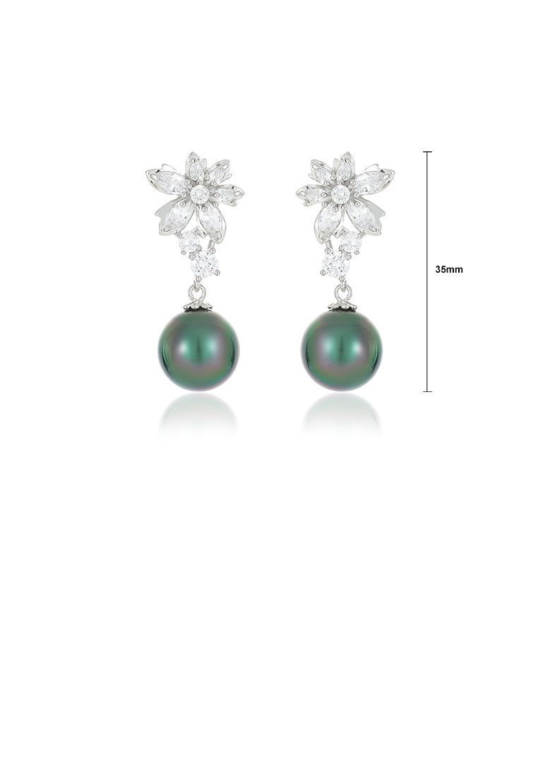 Fashion and Elegant Floral Green Imitation Pearl Earrings with Cubic Zirconia - Luxurious Look