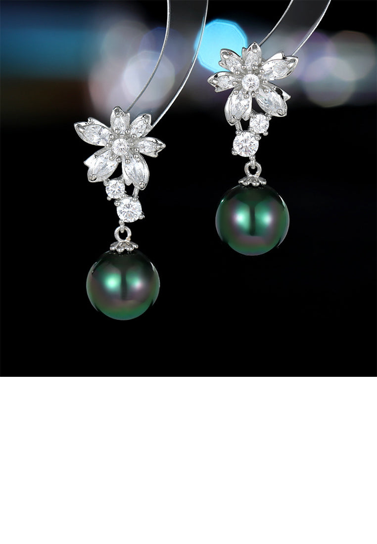 Fashion and Elegant Floral Green Imitation Pearl Earrings with Cubic Zirconia - Luxurious Look