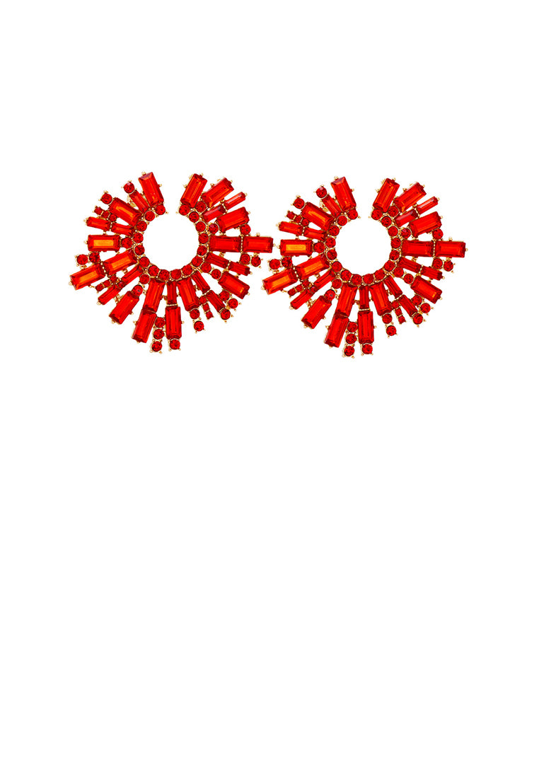 Fashion Brilliant Plated Gold Geometric Stud Earrings with Red Cubic Zirconia - Luxurious Look - Vibrant Color