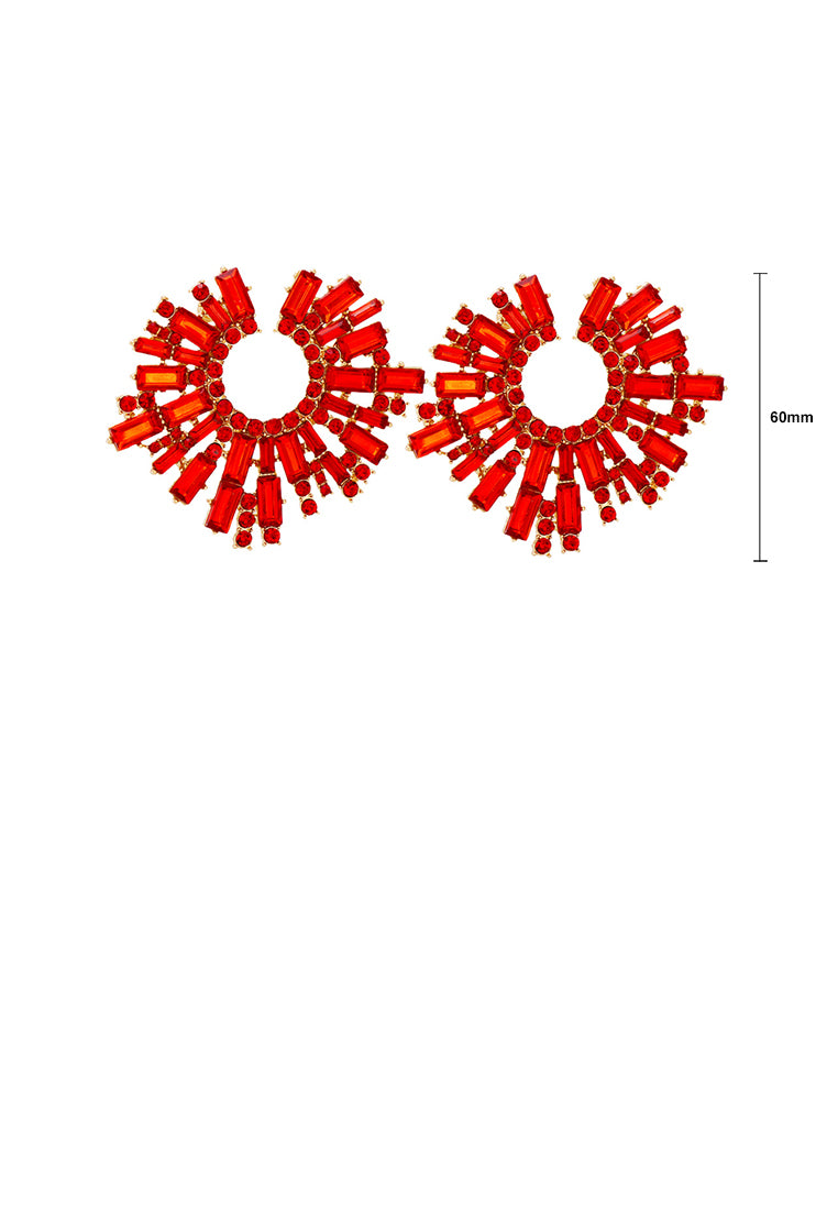 Fashion Brilliant Plated Gold Geometric Stud Earrings with Red Cubic Zirconia - Luxurious Look - Vibrant Color
