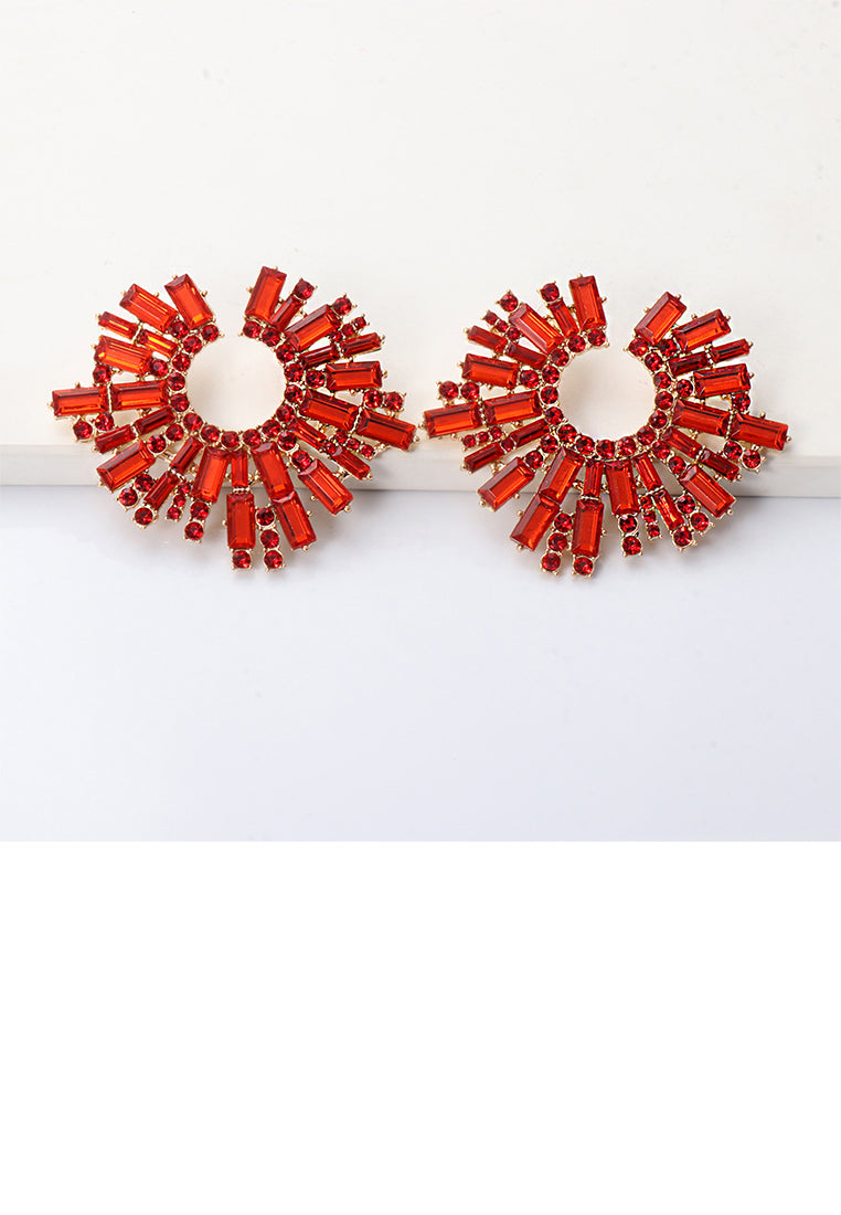 Fashion Brilliant Plated Gold Geometric Stud Earrings with Red Cubic Zirconia - Luxurious Look - Vibrant Color