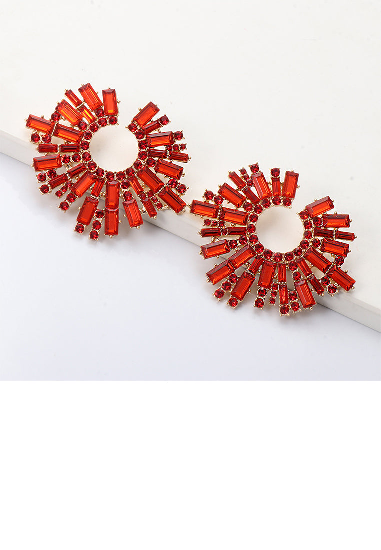 Fashion Brilliant Plated Gold Geometric Stud Earrings with Red Cubic Zirconia - Luxurious Look - Vibrant Color