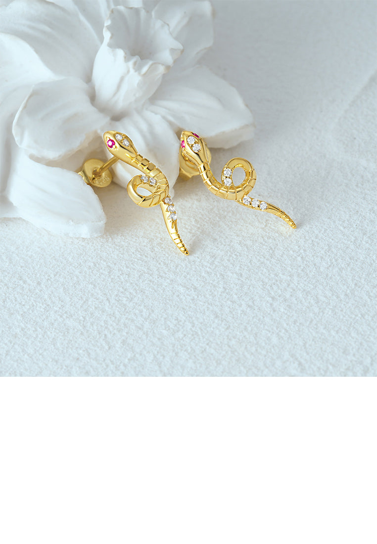 925 Sterling Silver Plated Gold Simple Personality Snake Shape Geometric Stud Earrings with Cubic Zirconia - Luxurious Look