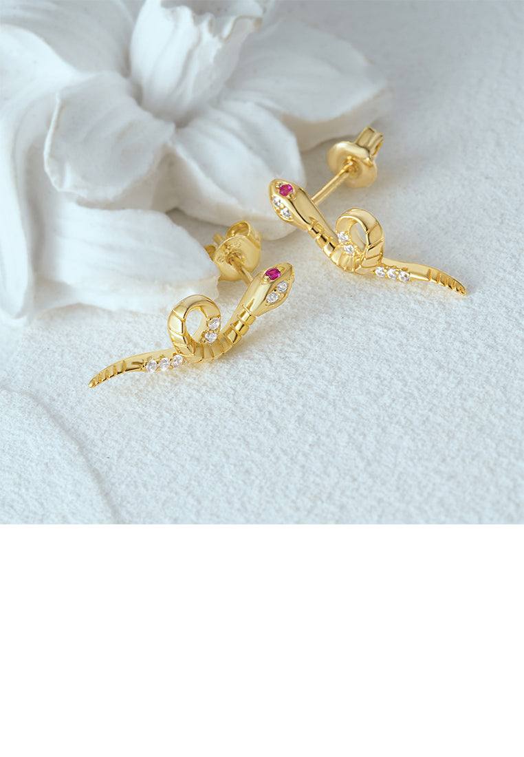 925 Sterling Silver Plated Gold Simple Personality Snake Shape Geometric Stud Earrings with Cubic Zirconia - Luxurious Look