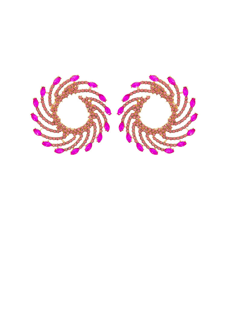 Fashion and Personalized Plated Gold Whirlwind Fireworks Stud Earrings with Rose Red Cubic Zirconia - Luxurious Look - Vibrant Color