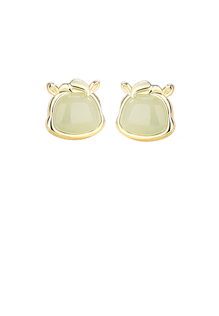 925 Sterling Silver Plated Gold Simple and Elegant Twelve Zodiac Horse Imitation Hetian Jade Stud Earrings