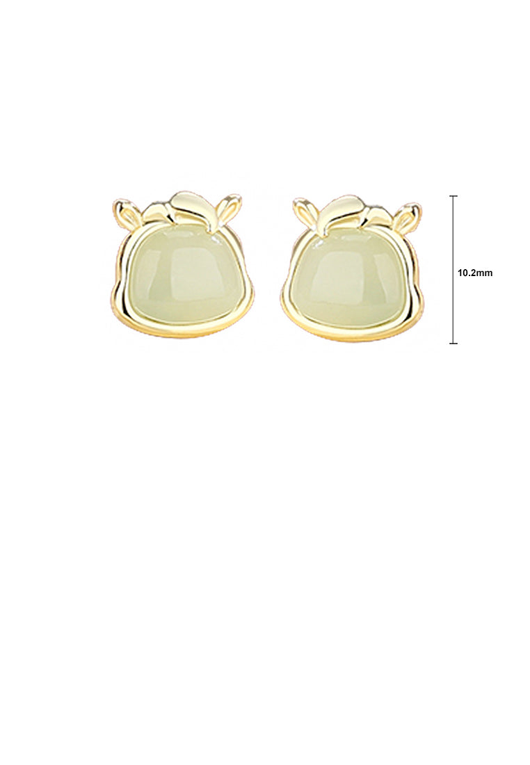925 Sterling Silver Plated Gold Simple and Elegant Twelve Zodiac Horse Imitation Hetian Jade Stud Earrings