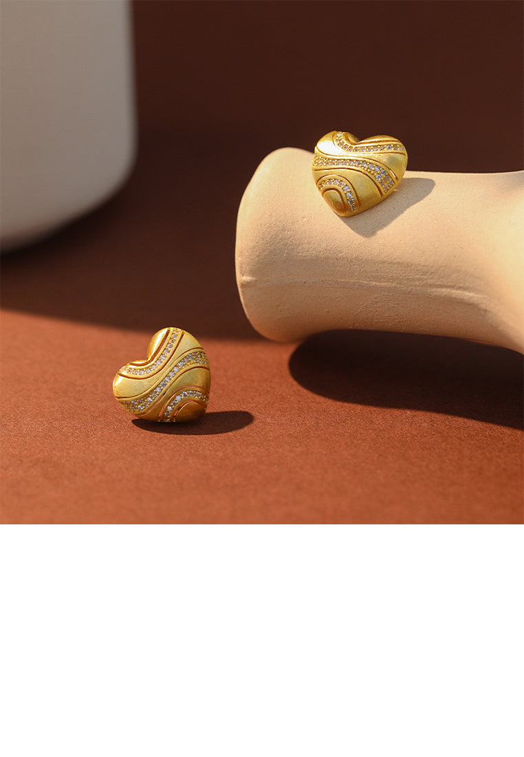 925 Sterling Silver Plated Gold Simple Elegant Heart Shape Earrings with Cubic Zirconia - Luxurious Look