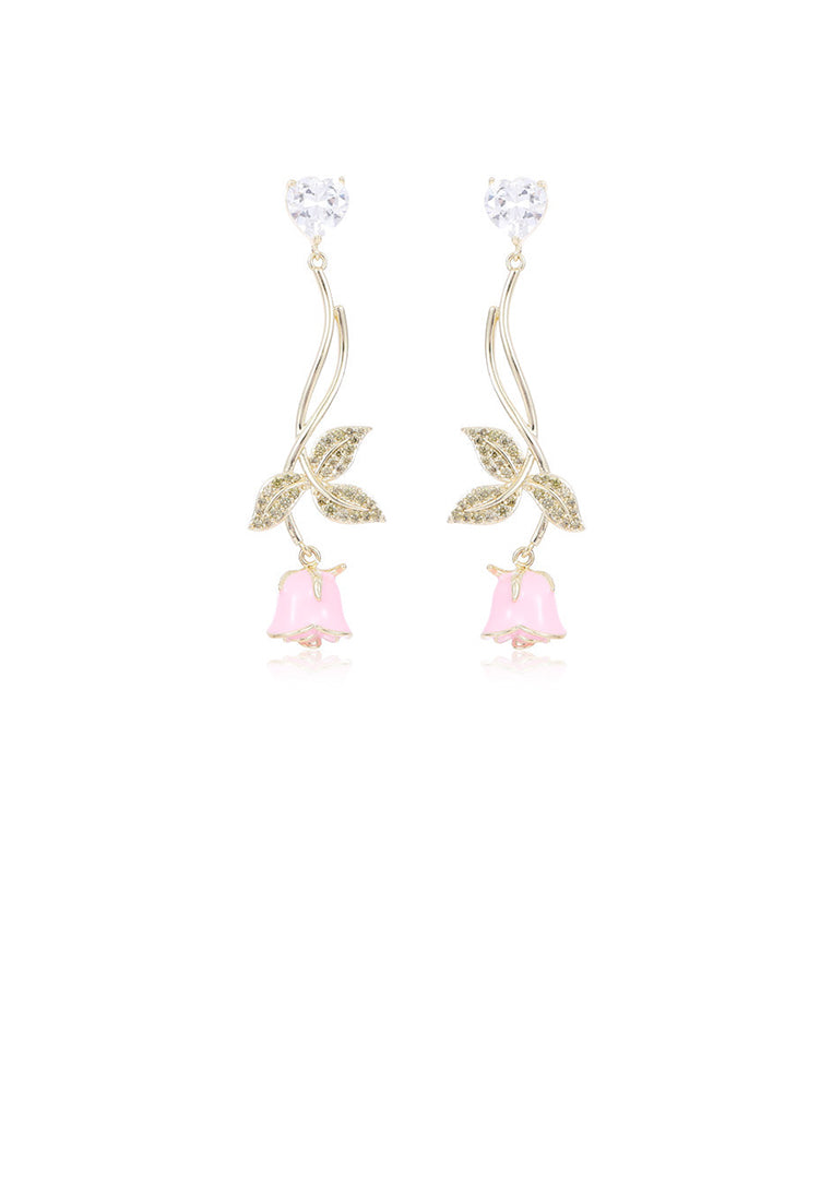 Fashion Sweet Plated Gold Enamel Pink Rose Tassel Earrings with Cubic Zirconia - Luxurious Look - Vibrant Color