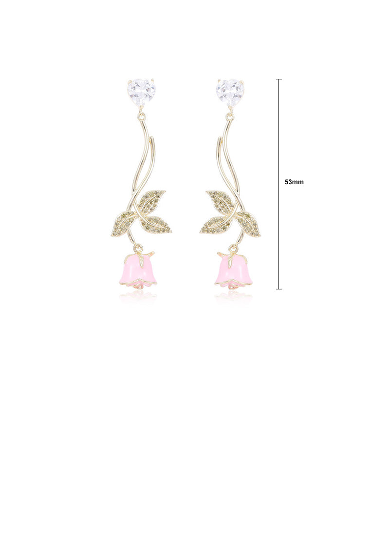 Fashion Sweet Plated Gold Enamel Pink Rose Tassel Earrings with Cubic Zirconia - Luxurious Look - Vibrant Color