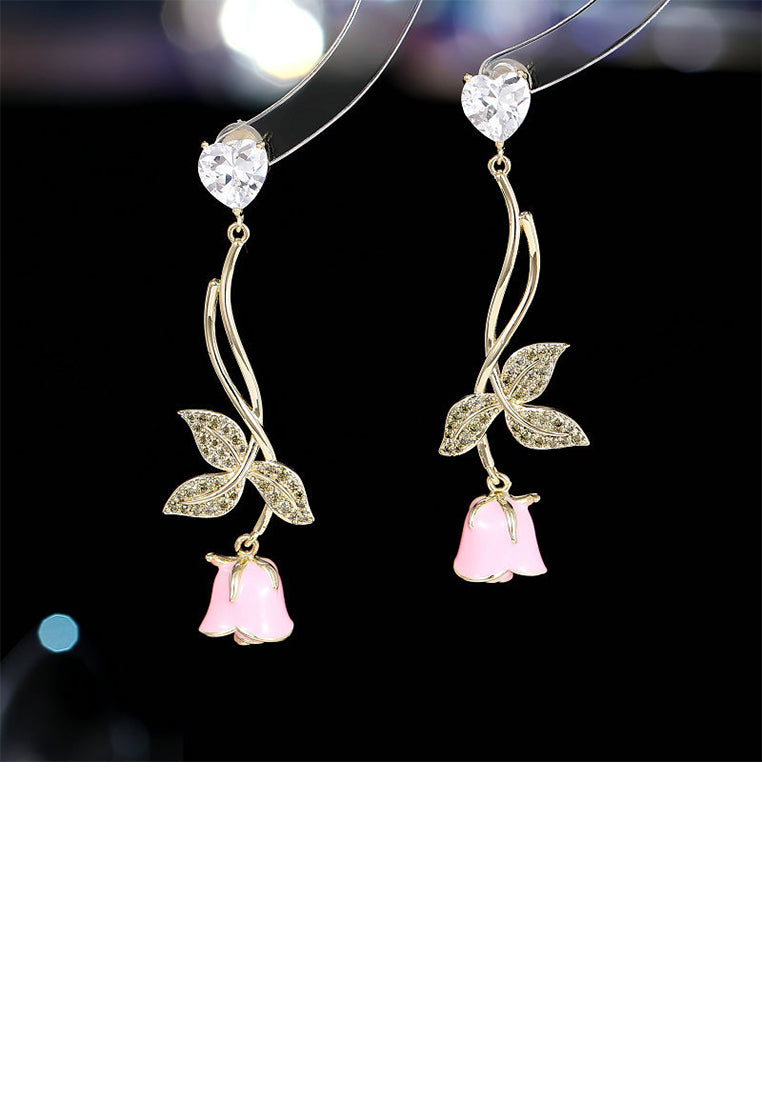 Fashion Sweet Plated Gold Enamel Pink Rose Tassel Earrings with Cubic Zirconia - Luxurious Look - Vibrant Color