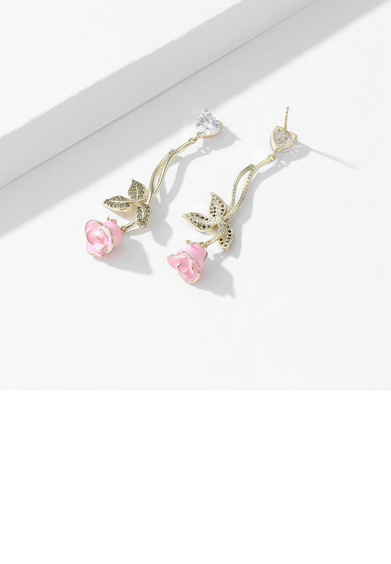 Fashion Sweet Plated Gold Enamel Pink Rose Tassel Earrings with Cubic Zirconia - Luxurious Look - Vibrant Color