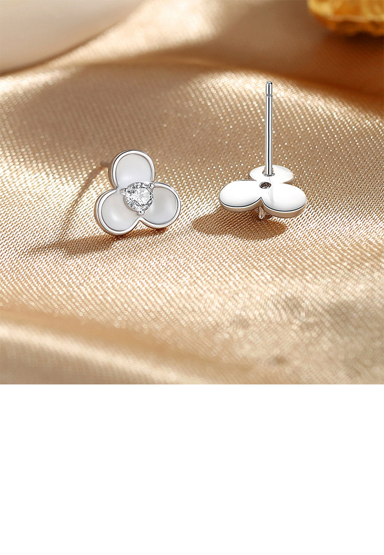 925 Sterling Silver Simple Cute Three-leafed Clover Stud Earrings with Cubic Zirconia - Luxurious Look