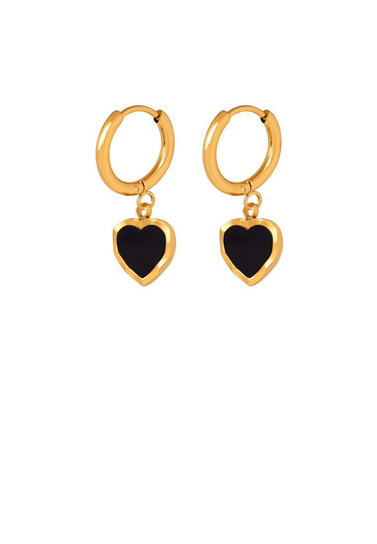 Simple and Romantic Plated Gold 316L Stainless Steel Enamel Black Heart-shaped Earrings