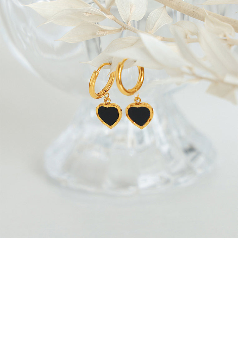 Simple and Romantic Plated Gold 316L Stainless Steel Enamel Black Heart-shaped Earrings