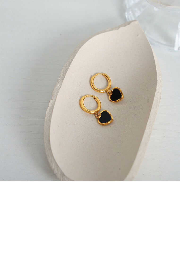 Simple and Romantic Plated Gold 316L Stainless Steel Enamel Black Heart-shaped Earrings