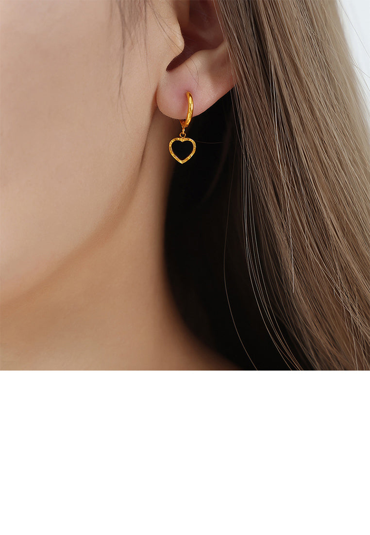 Simple and Romantic Plated Gold 316L Stainless Steel Enamel Black Heart-shaped Earrings