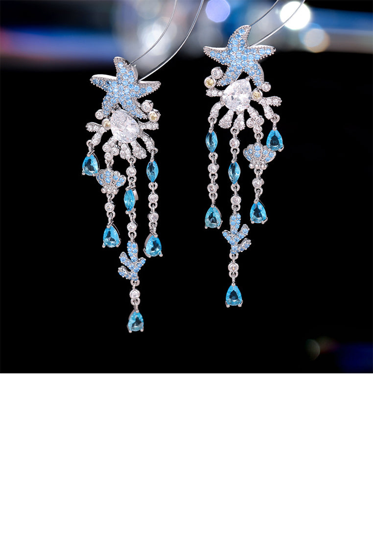 Fashion Temperament Blue Starfish Tassel Earrings with Cubic Zirconia - Luxurious Look