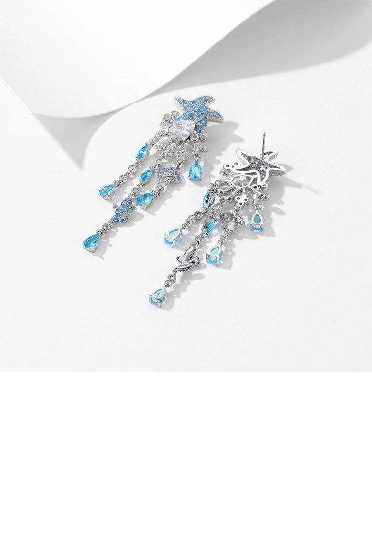 Fashion Temperament Blue Starfish Tassel Earrings with Cubic Zirconia - Luxurious Look