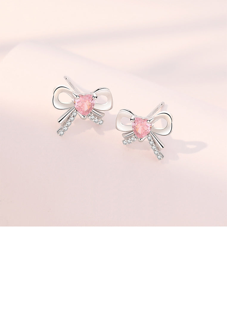 925 Sterling Silver Simple Sweet Ribbon Stud Earrings with Cubic Zirconia - Luxurious Look