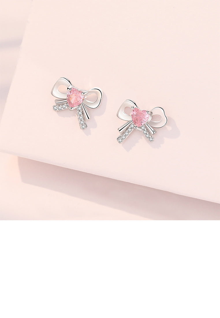 925 Sterling Silver Simple Sweet Ribbon Stud Earrings with Cubic Zirconia - Luxurious Look