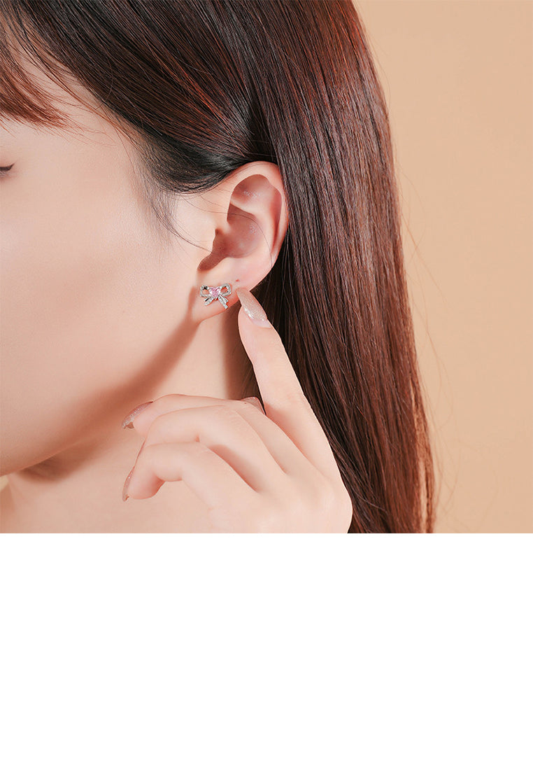 925 Sterling Silver Simple Sweet Ribbon Stud Earrings with Cubic Zirconia - Luxurious Look