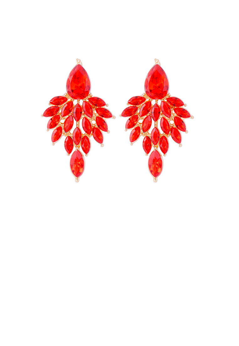 Elegant Brilliant Plated Gold Leaf Earrings with Red Cubic Zirconia - Luxurious Look - Vibrant Color