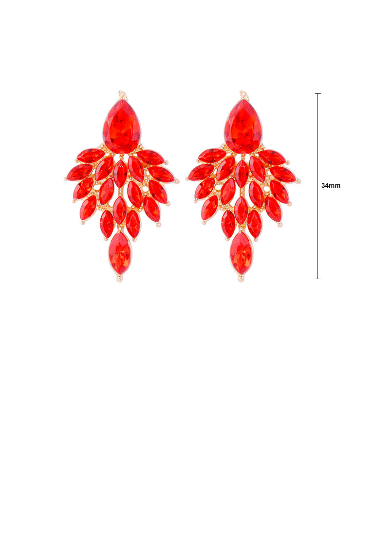 Elegant Brilliant Plated Gold Leaf Earrings with Red Cubic Zirconia - Luxurious Look - Vibrant Color