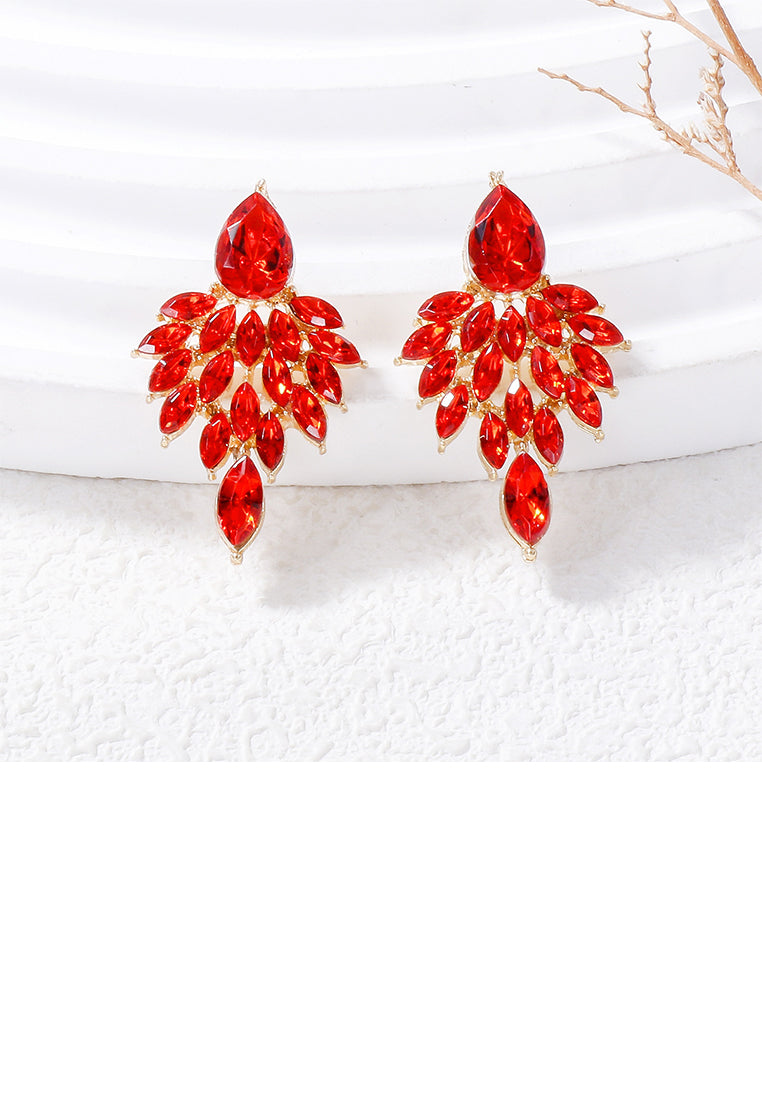 Elegant Brilliant Plated Gold Leaf Earrings with Red Cubic Zirconia - Luxurious Look - Vibrant Color