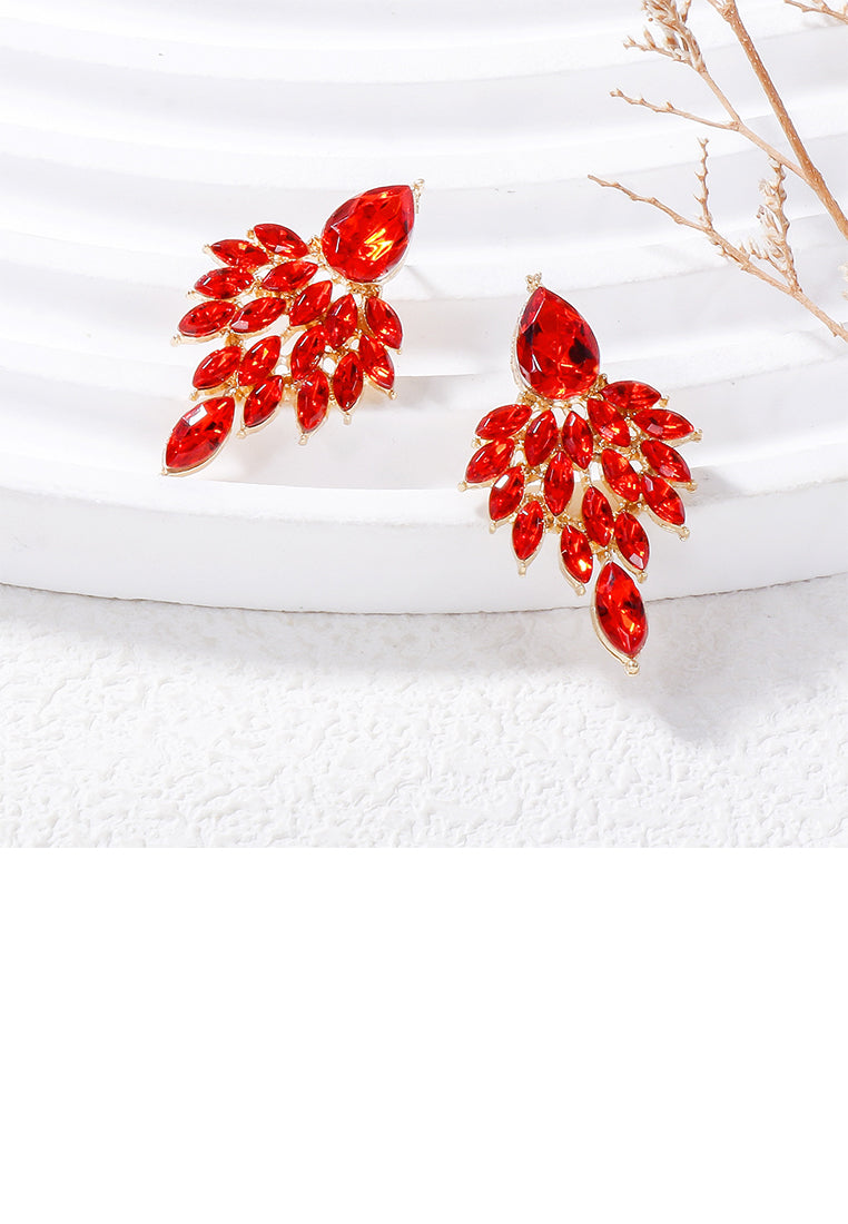 Elegant Brilliant Plated Gold Leaf Earrings with Red Cubic Zirconia - Luxurious Look - Vibrant Color